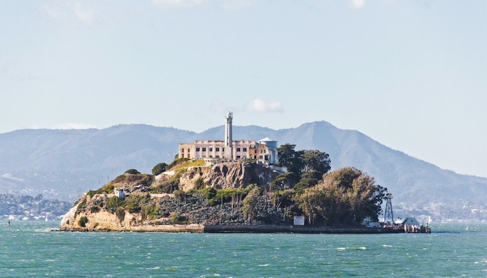 Alcatraz Island with historic prison building in San Francisco Bay.