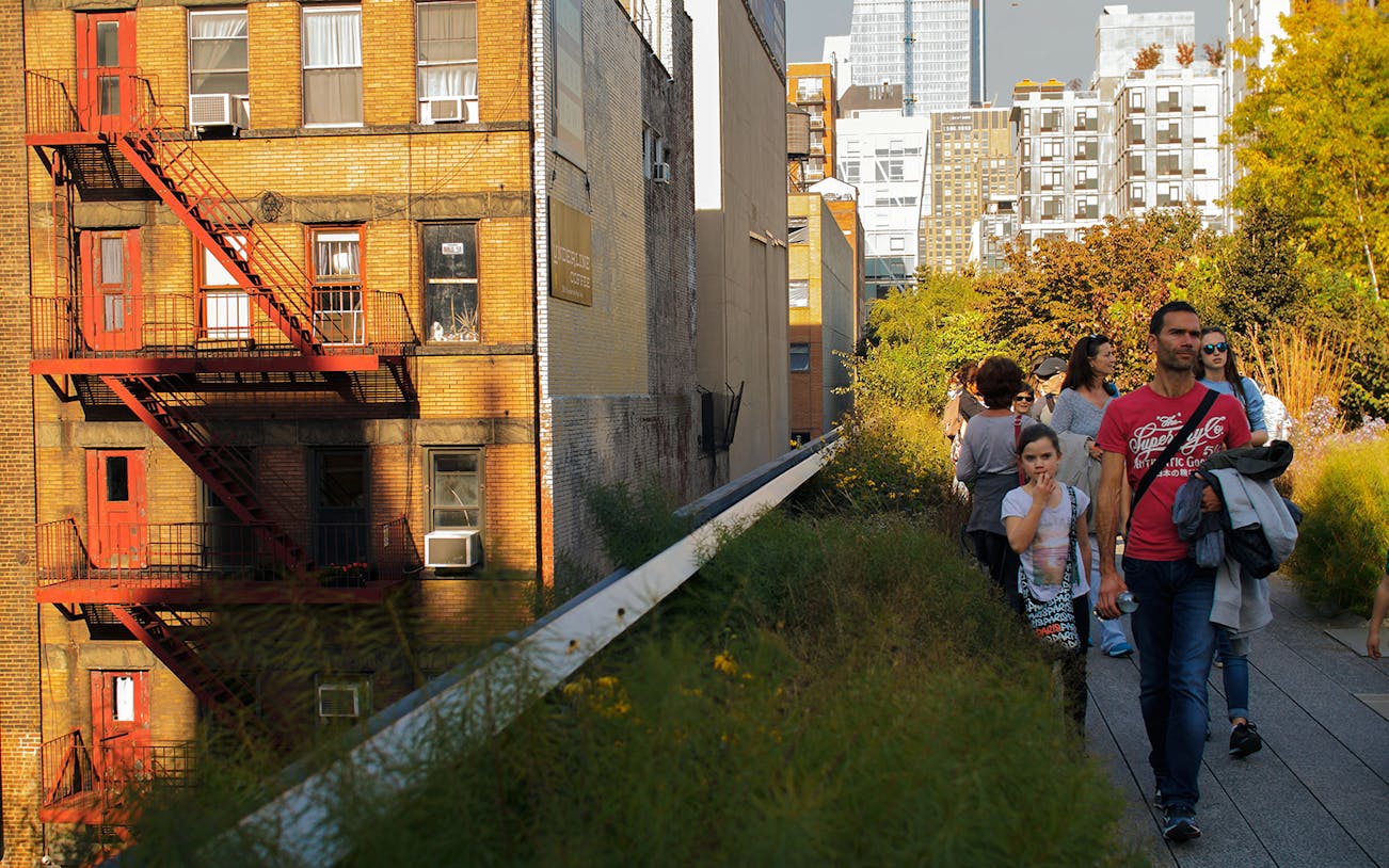 Visitors walking along the High Line in New York City with urban buildings and greenery.