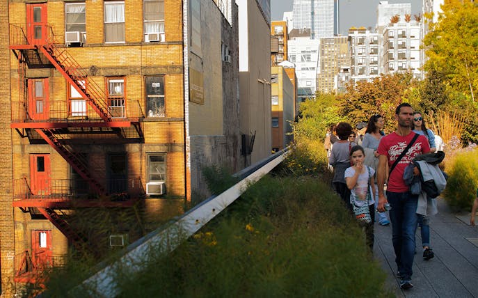 Visitors walking along the High Line in New York City with urban buildings and greenery.