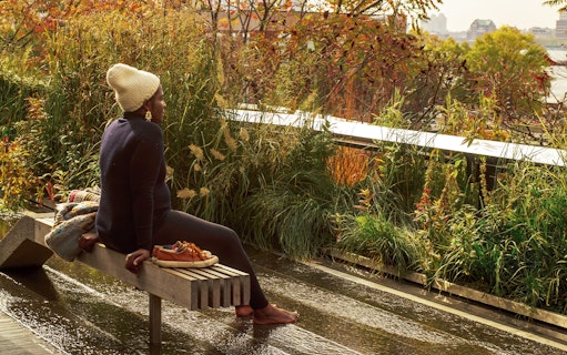 Person sitting on a bench surrounded by greenery on the High Line in New York City.