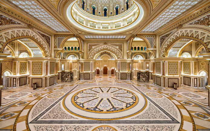 Qasr Al Watan interior with intricate geometric patterns and ornate arches in Abu Dhabi.