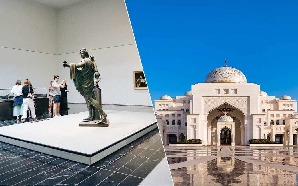 Louvre Abu Dhabi interior with visitors and statue; Qasr Al Watan exterior view.