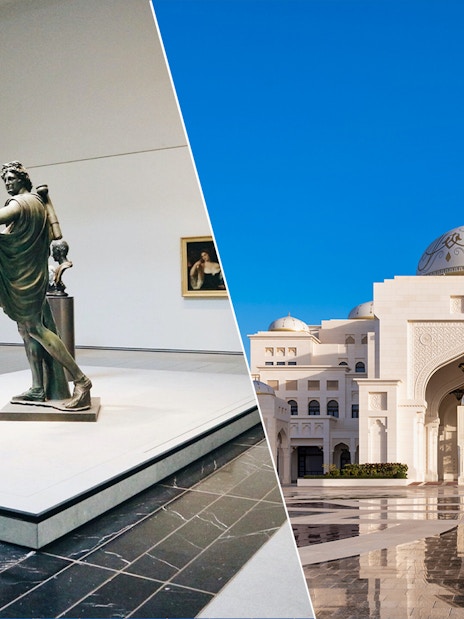 Louvre Abu Dhabi interior with visitors and statue; Qasr Al Watan exterior view.