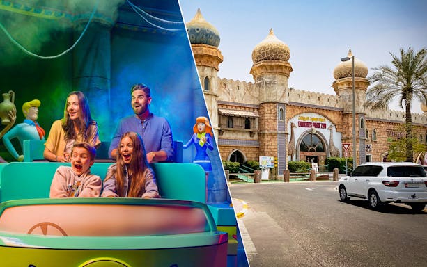 Warner Bros. World Abu Dhabi ride and entrance of Emirates Park Zoo.