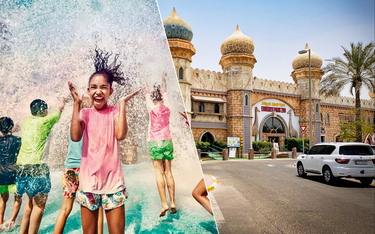 Children playing in water at Yas Waterworld and entrance of Emirates Park Zoo, Abu Dhabi.