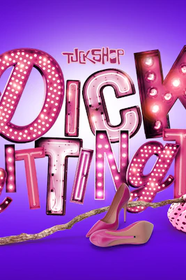 Dick Whittington sign with pink lights, high heels, and polka dot bag on purple background.