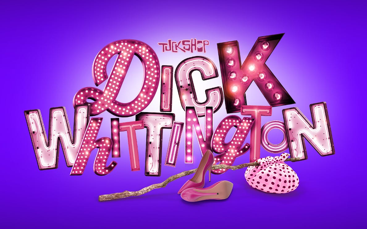 Dick Whittington sign with pink lights, high heels, and polka dot bag on purple background.
