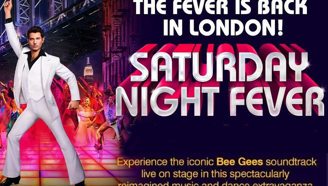 Saturday Night Fever show promotion in London with dancers and disco theme.