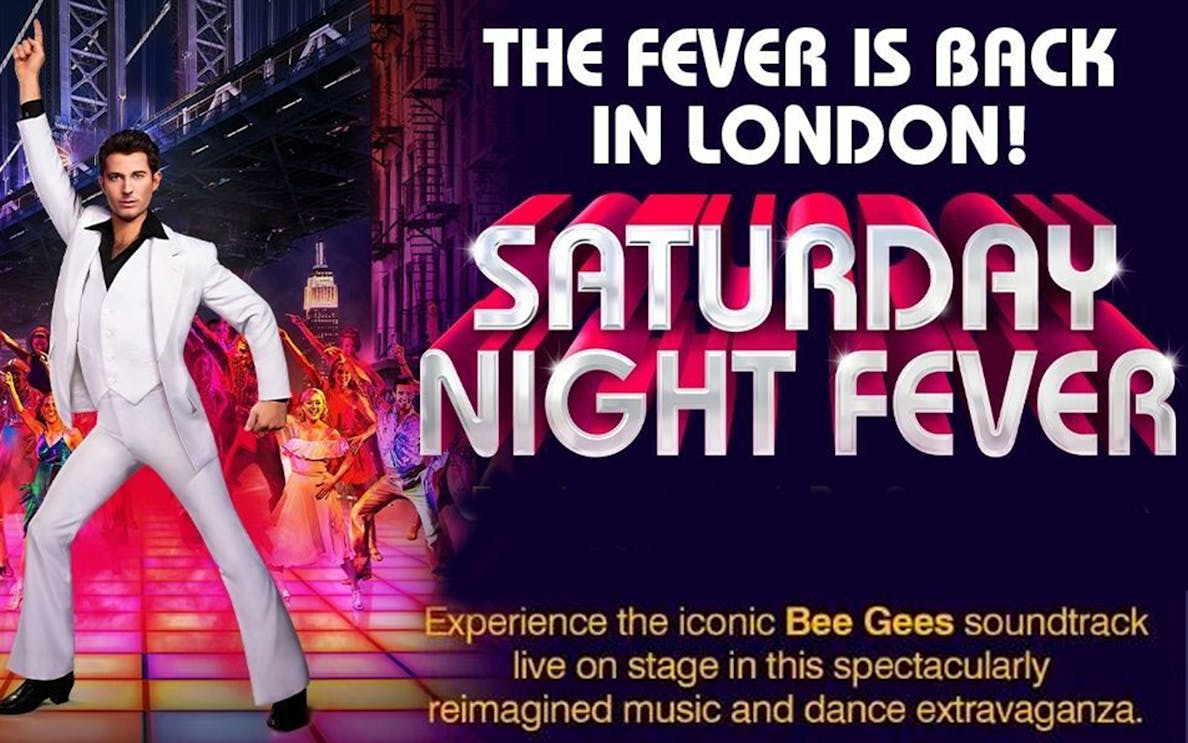 Saturday Night Fever show promotion in London with dancers and disco theme.