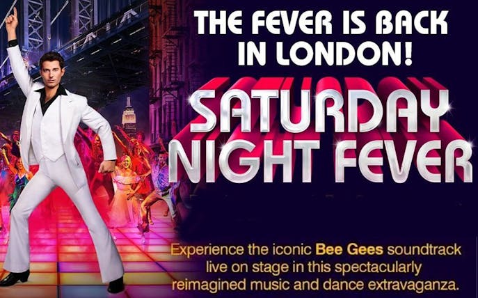 Saturday Night Fever show promotion in London with dancers and disco theme.