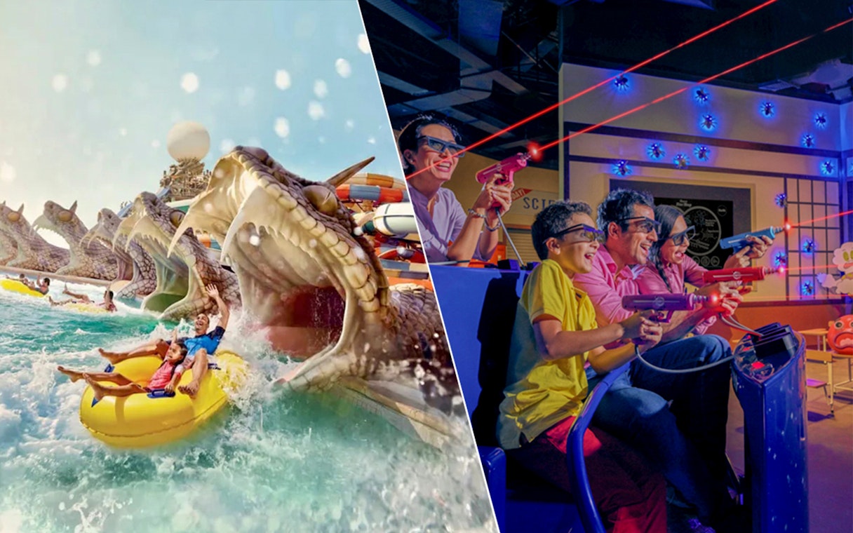 Yas Waterworld water slide and IMG Worlds of Adventure laser tag experience.