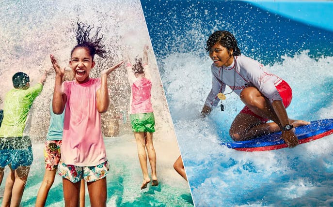 Children playing in water at Yas Waterworld and a person surfing at Wild Wadi, Abu Dhabi.