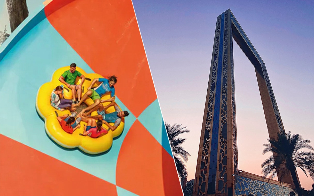 Yas Waterworld ride and Dubai Frame at sunset, Abu Dhabi and Dubai attractions.