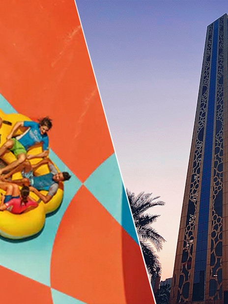 Yas Waterworld ride and Dubai Frame at sunset, Abu Dhabi and Dubai attractions.