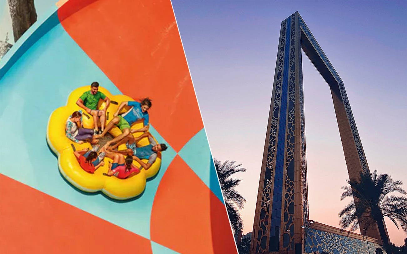 Yas Waterworld ride and Dubai Frame at sunset, Abu Dhabi and Dubai attractions.