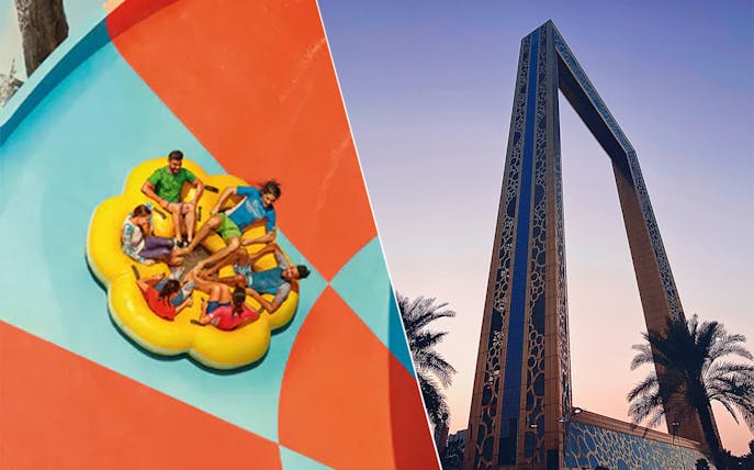 Yas Waterworld ride and Dubai Frame at sunset, Abu Dhabi and Dubai attractions.