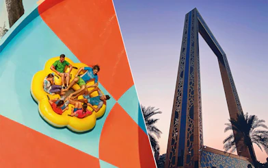 Yas Waterworld ride and Dubai Frame at sunset.