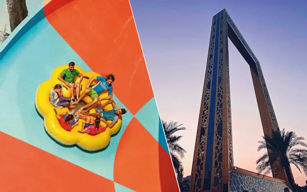 Yas Waterworld ride and Dubai Frame at sunset.