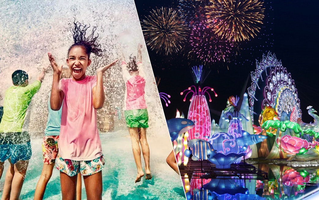Children playing in water at Yas Waterworld and illuminated sculptures at Dubai Garden Glow.