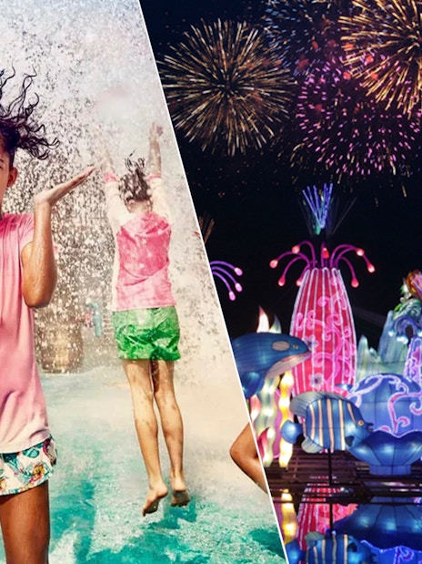 Children playing in water at Yas Waterworld and illuminated sculptures at Dubai Garden Glow.