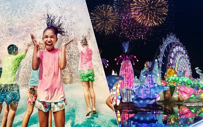 Children playing in water at Yas Waterworld and illuminated sculptures at Dubai Garden Glow.