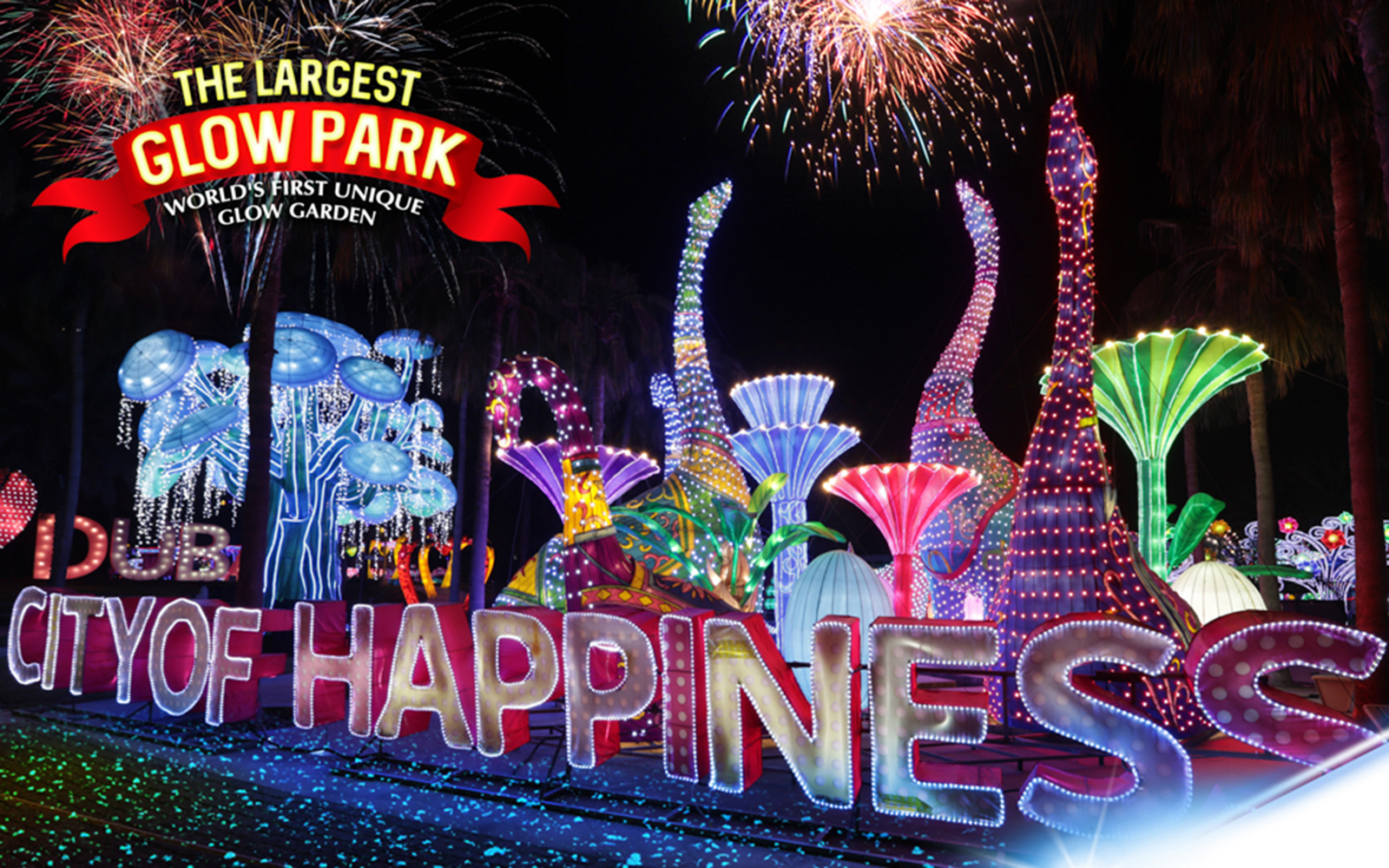 Yas Waterworld and Dubai Garden Glow illuminated sculptures and fireworks display.