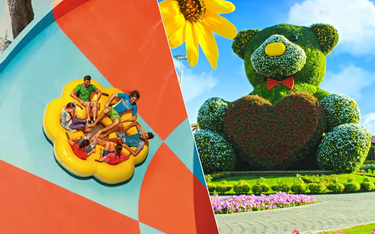 Yas Waterworld raft ride and Dubai Miracle Garden teddy bear topiary.