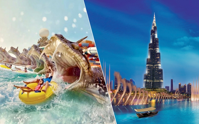 Yas Waterworld ride and Burj Khalifa with Dubai Fountain show.