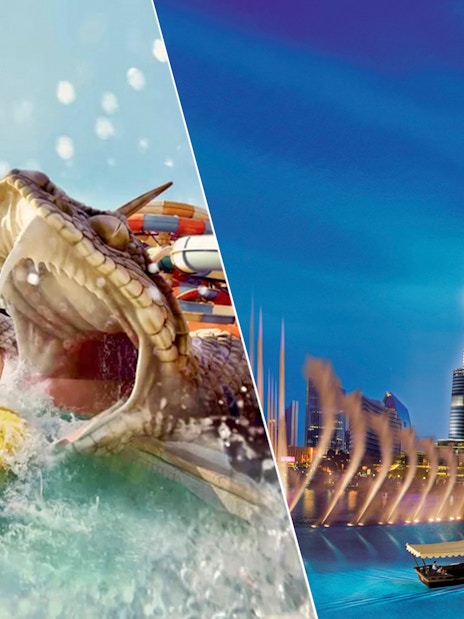 Yas Waterworld ride and Burj Khalifa with Dubai Fountain show.