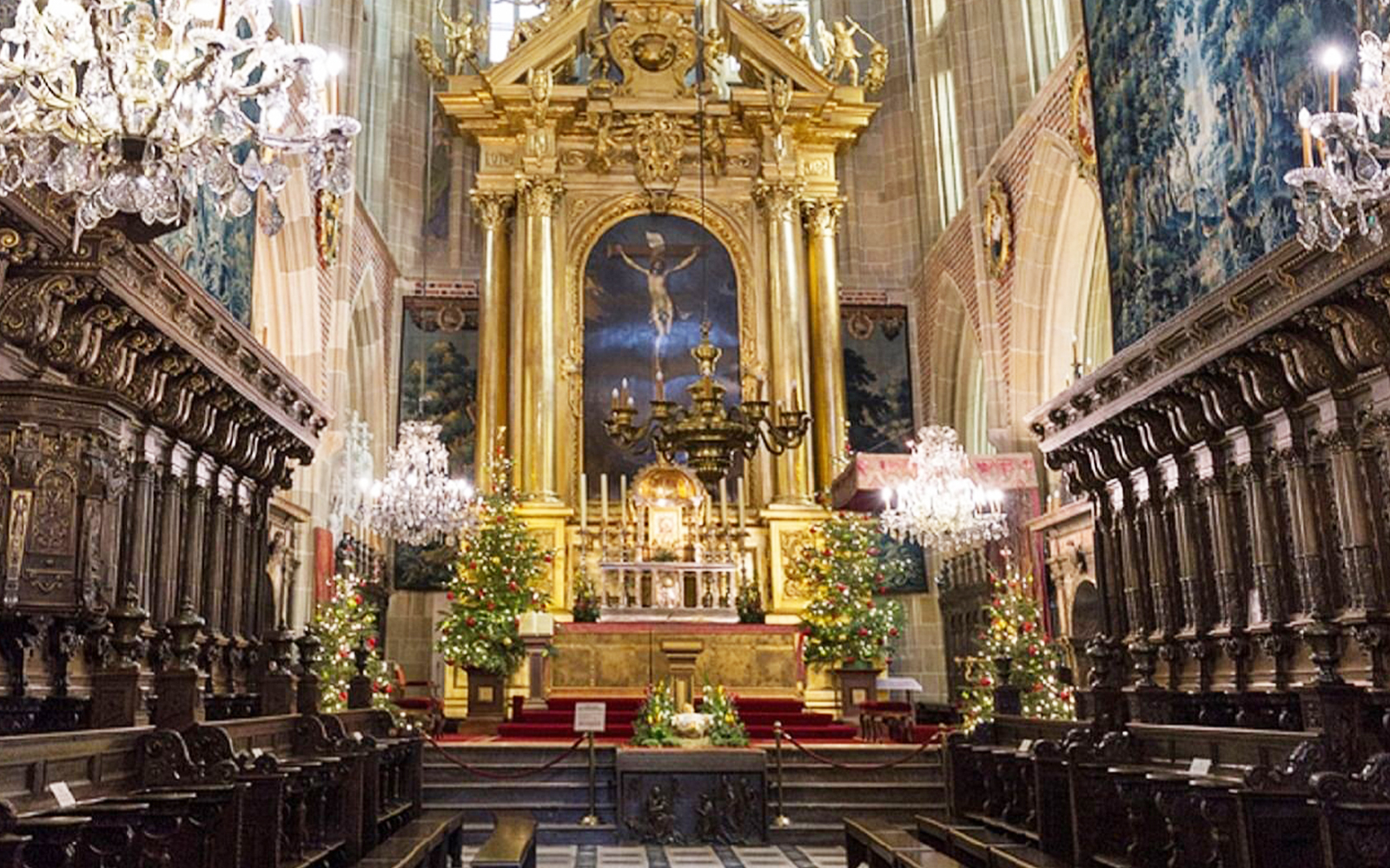 Wawel Cathedral interior with ornate altar and Christmas decorations, Krakow tour.