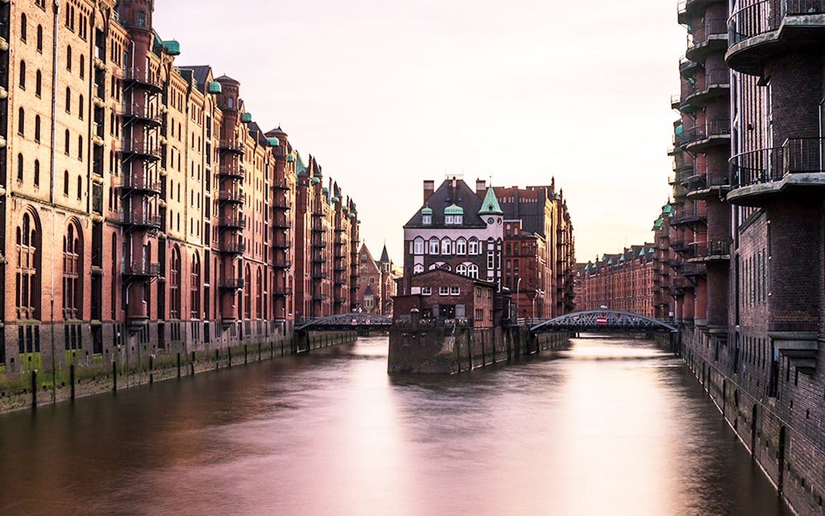 Historic Speicherstadt district canal view in Hamburg during Discover Hamburg Walking Tour.