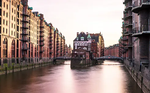 Historic Speicherstadt district canal view in Hamburg during Discover Hamburg Walking Tour.