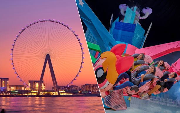 Ain Dubai Ferris wheel at sunset and IMG Worlds of Adventure ride with excited visitors.