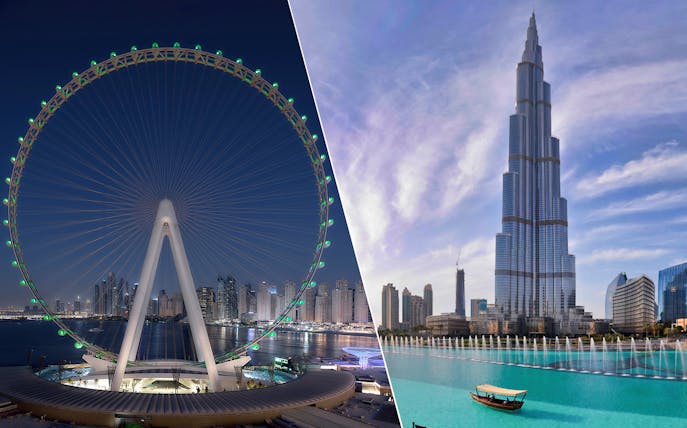 Ain Dubai Ferris wheel and Burj Khalifa skyscraper in Dubai skyline.