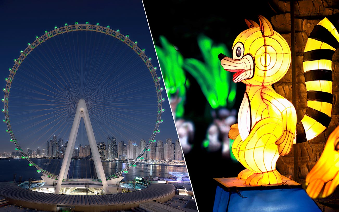 Ain Dubai Ferris wheel and illuminated animal sculpture at Dubai Garden Glow.