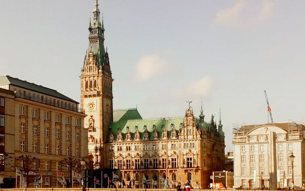 Hamburg Reeperbahn tour with views of Wischen Hafen, St. Michael's Church, and Rathaus.