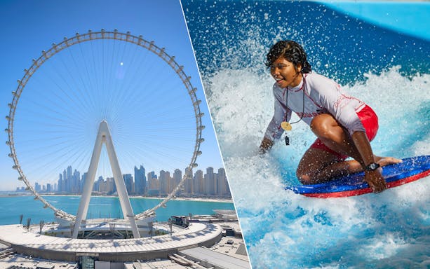 Ain Dubai Ferris wheel and person surfing at Wild Wadi Waterpark in Dubai.