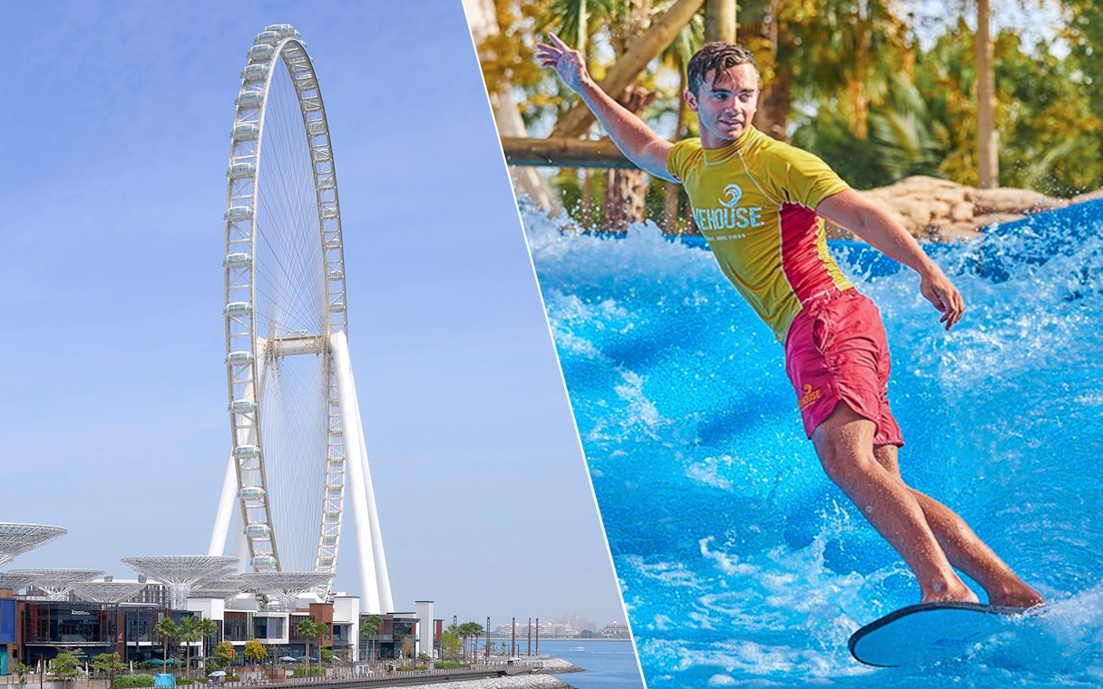 Ain Dubai Ferris wheel and surfer at Aquaventure Waterpark, Dubai.