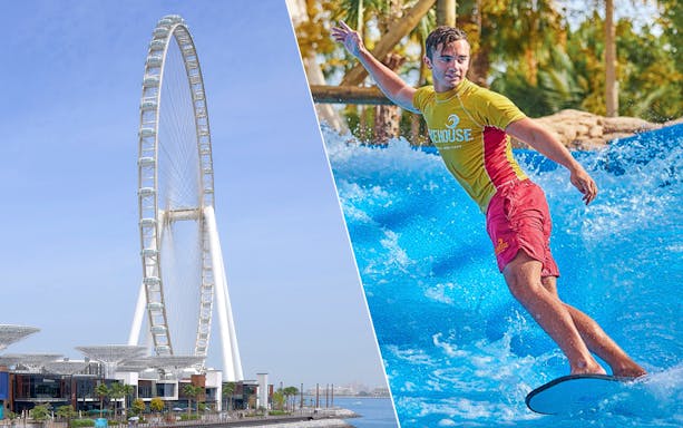 Ain Dubai Ferris wheel and surfer at Aquaventure Waterpark, Dubai.