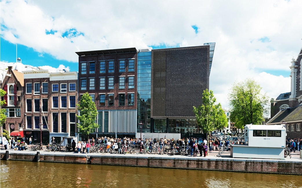 Anne Frank House along Amsterdam canal, part of self-guided audio tour.