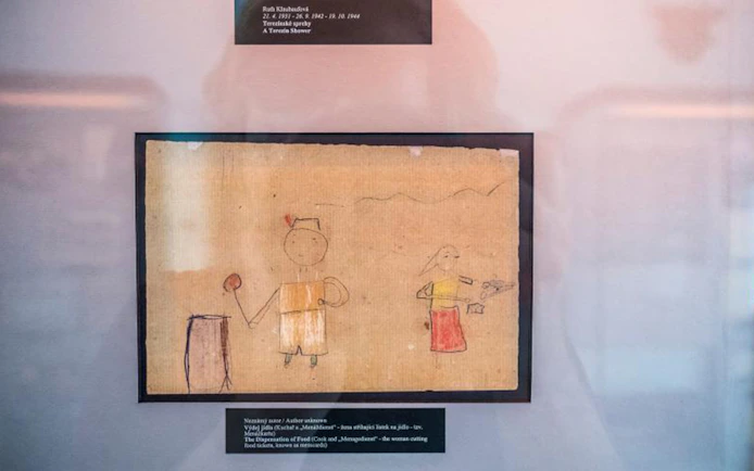 Child's drawing displayed in Prague Jewish Quarter museum exhibit.