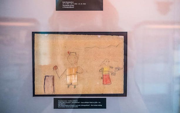 Child's drawing displayed in Prague Jewish Quarter museum exhibit.