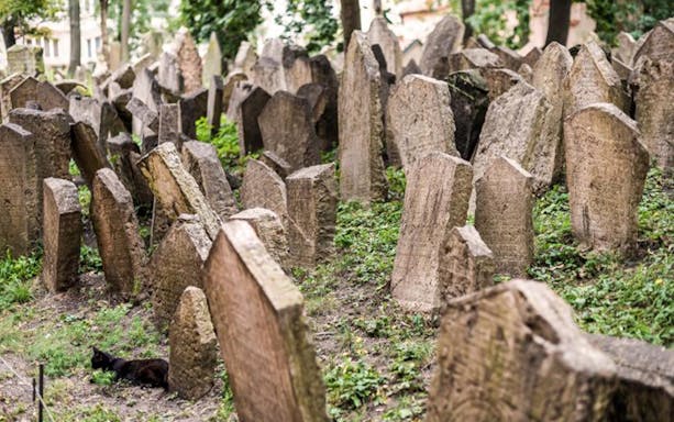 Old Jewish Cemetery in Prague with ancient tombstones.