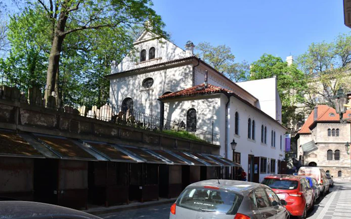 Prague Jewish Quarter with historic synagogue and cemetery in view.