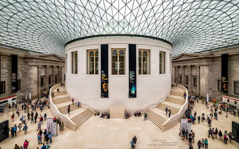 British Museum Great Court interior with visitors, part of self-guided audio tour.