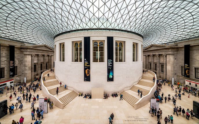 British Museum Great Court interior with visitors, part of self-guided audio tour.