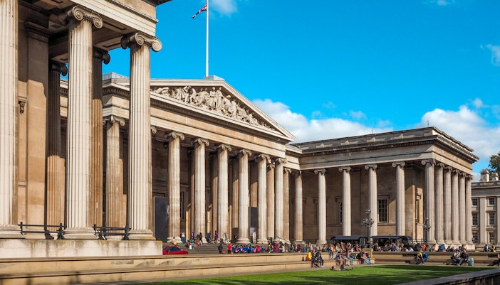 British Museum entrance with neoclassical columns in London.