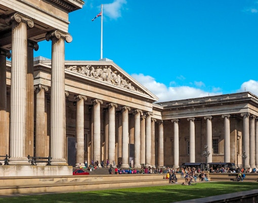 British Museum entrance with neoclassical columns in London.