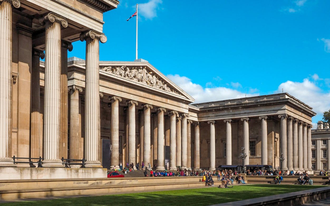 British Museum entrance with neoclassical columns in London.