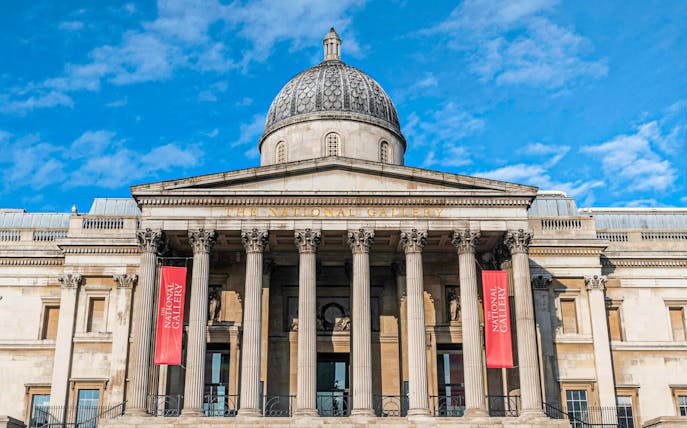 National Gallery facade with columns and dome, London, for self-guided audio tour.
